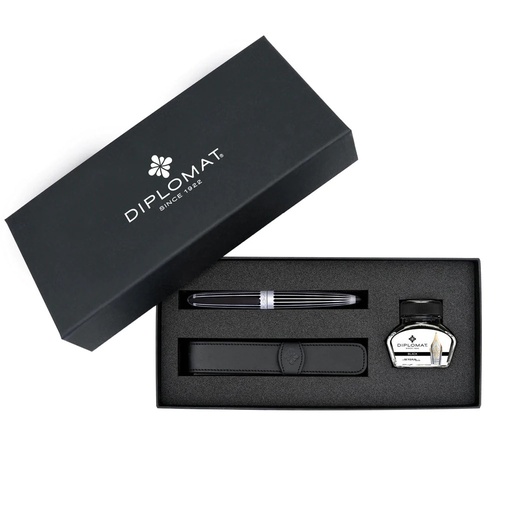 [D40318085] Coffret Cadeau Stylo Plume Aero Stripes - Aluminium & Noir - 1 Stylo Plume + 1 flacon d’Encre Noire + 1 Étui en Cuir
